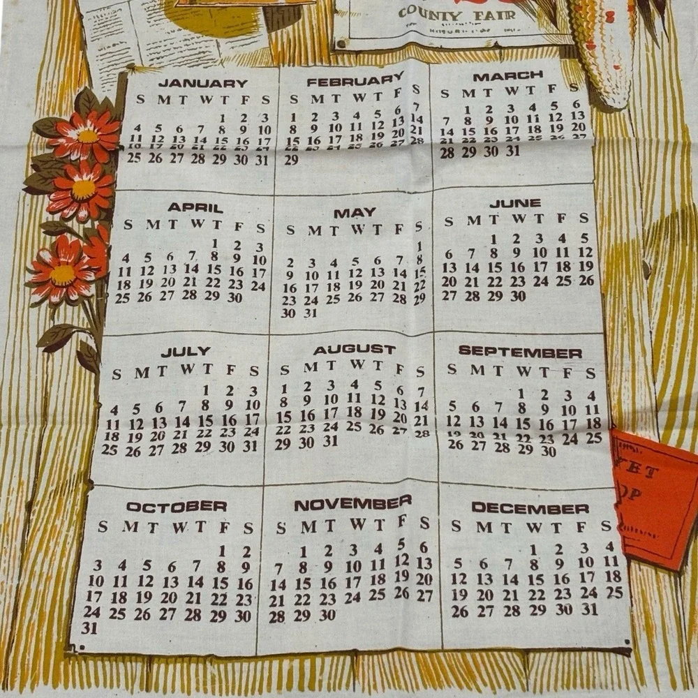 Vintage 1976 Calendar Tea Towel Cotton Fall Fair Wall‎ Hanging No Dowel